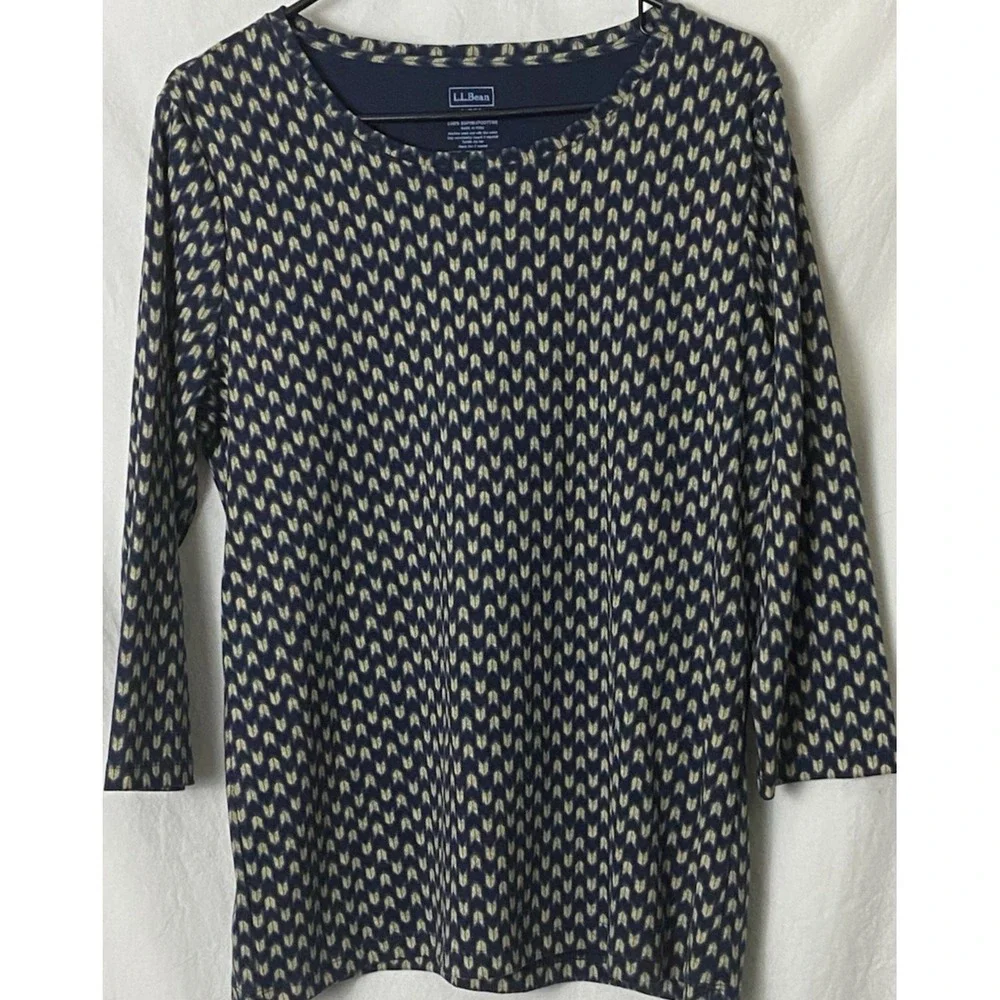 LL Bean Womens Supima Cotten Tee Shirt Top Sz L Navy 3/4 Sleeve Jewelneck - Picture 1 of 4